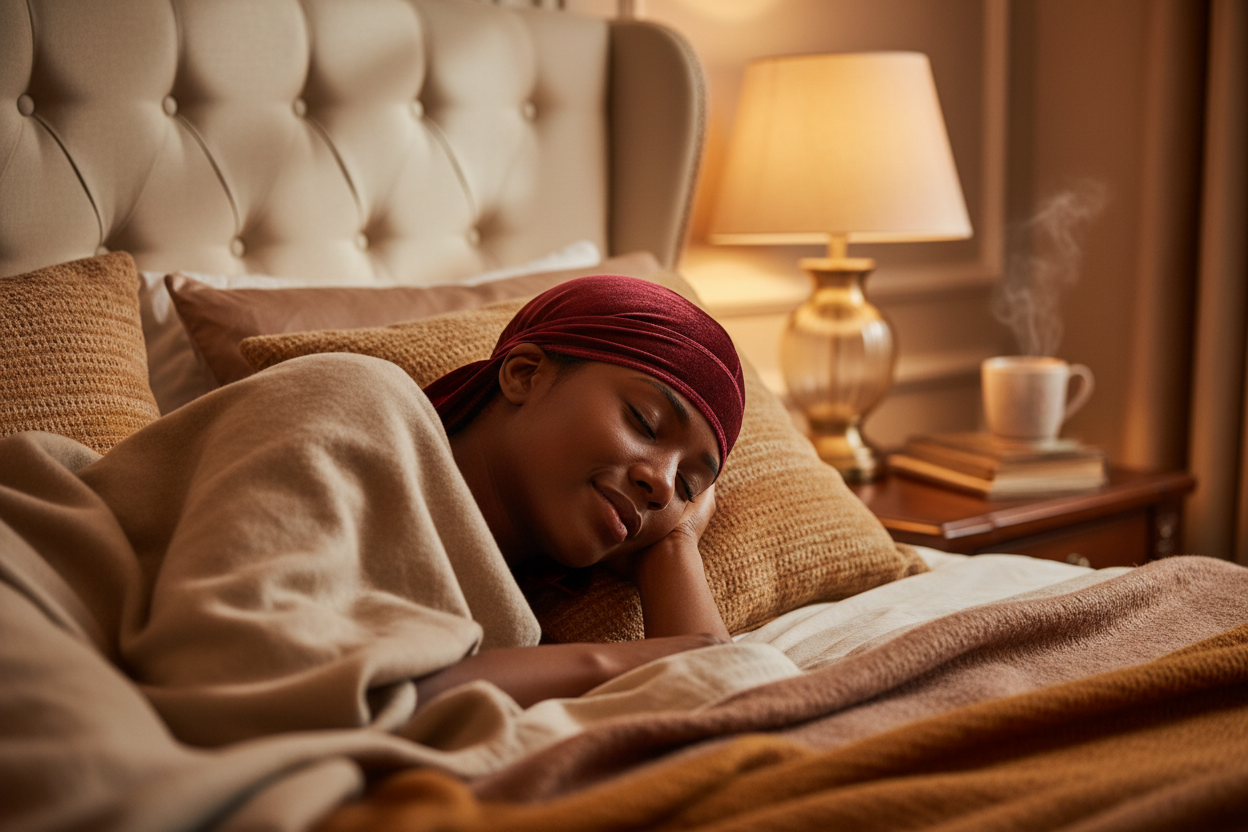 “Person sleeping peacefully while wearing a velvet durag, soft lighting, cozy setting, focus on hair protection and comfort, premium lifestyle photography, warm tones, high-detail velvet texture.